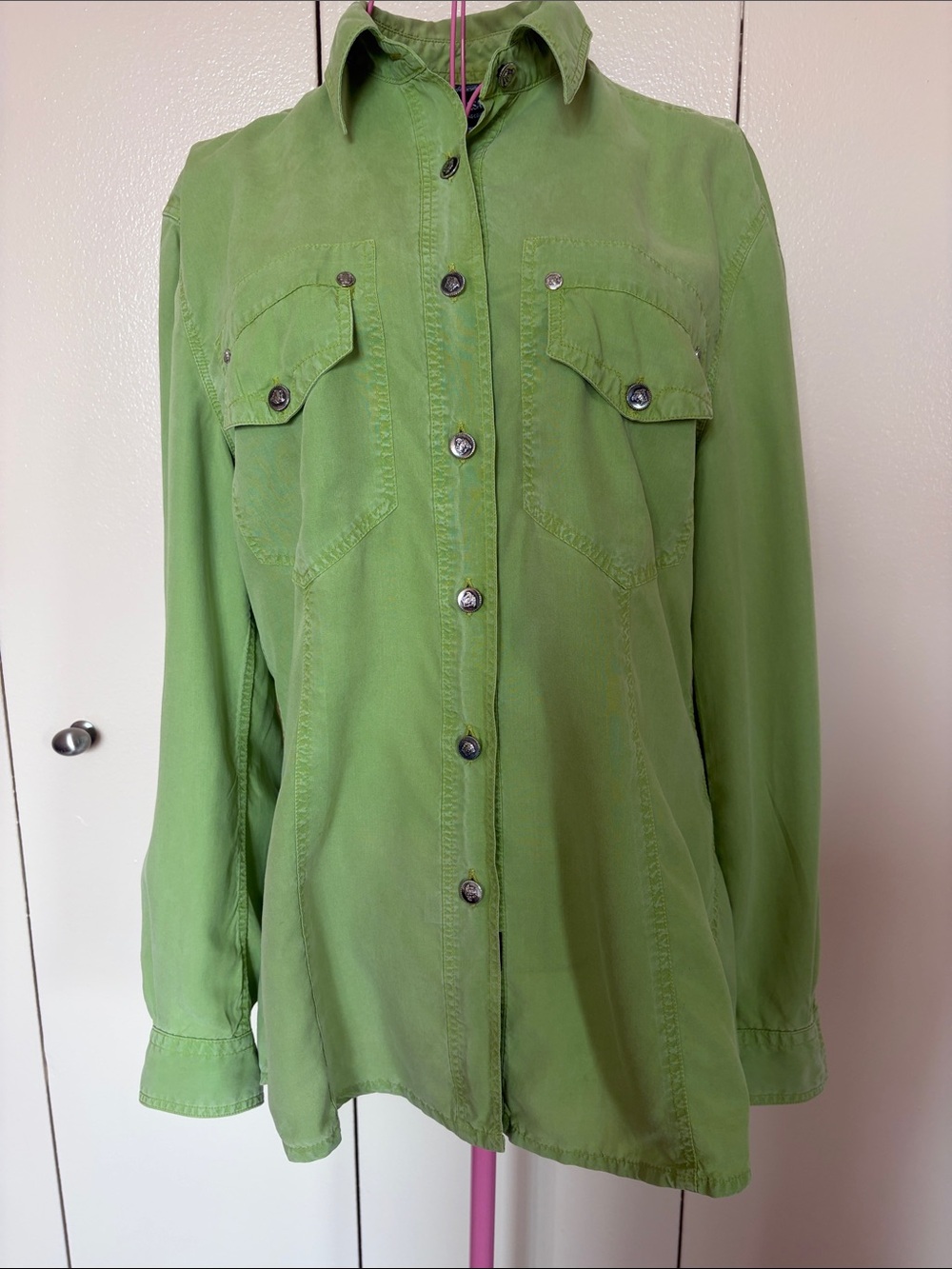 Versace Olive Green Button-Front Long Sleeve Shirt